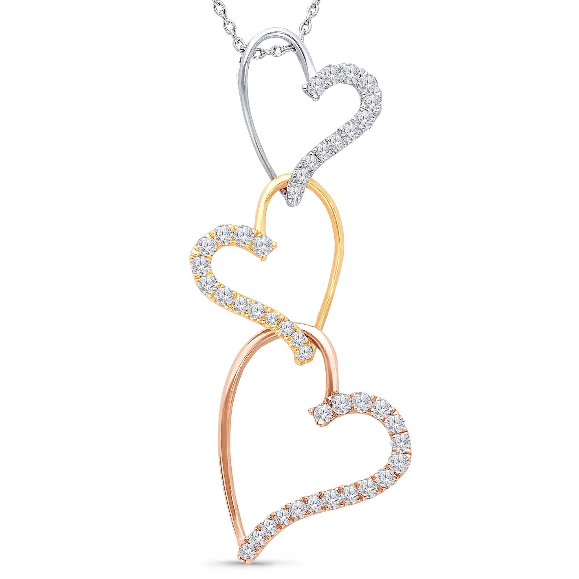 Kallati ETERNAL Three-Tone Gold Triple Heart Diamond Pendant 1/3ctw