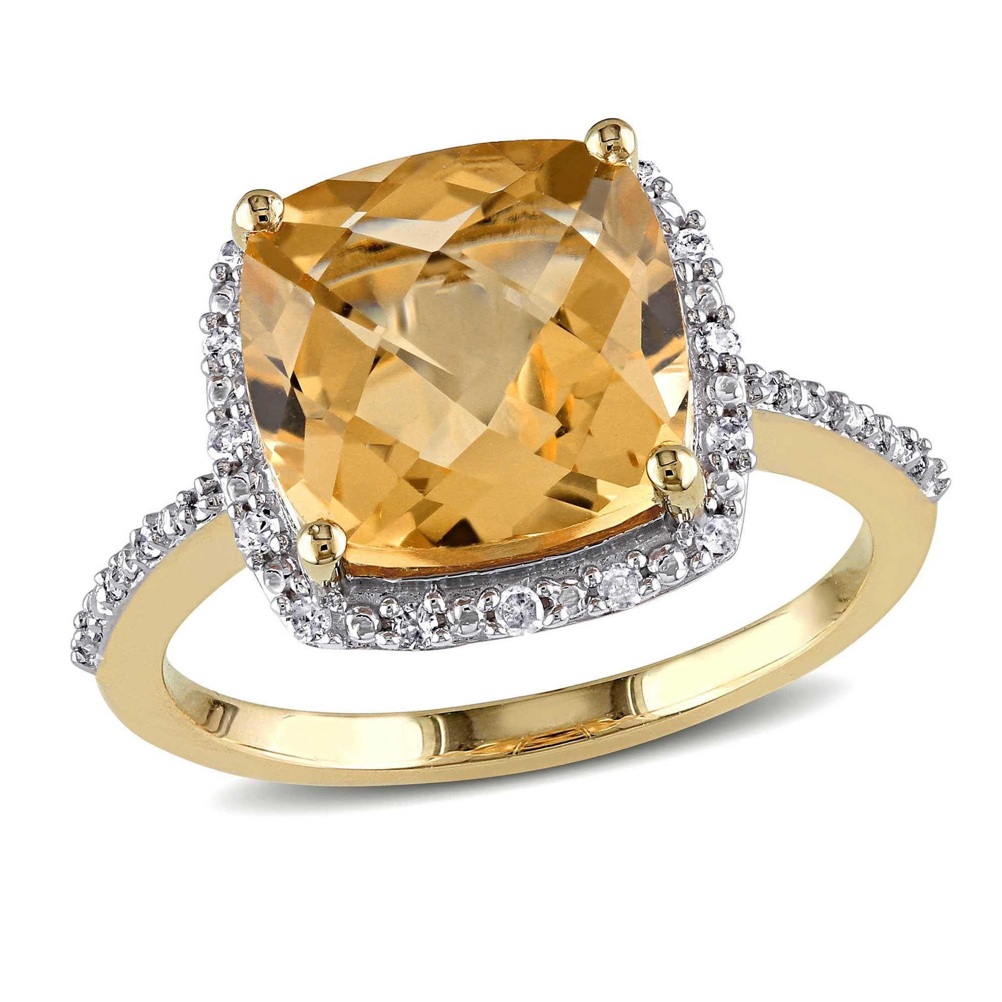Cushion Citrine and Diamond Halo Yellow Gold Cocktail Ring 1/10ctw - Size 6