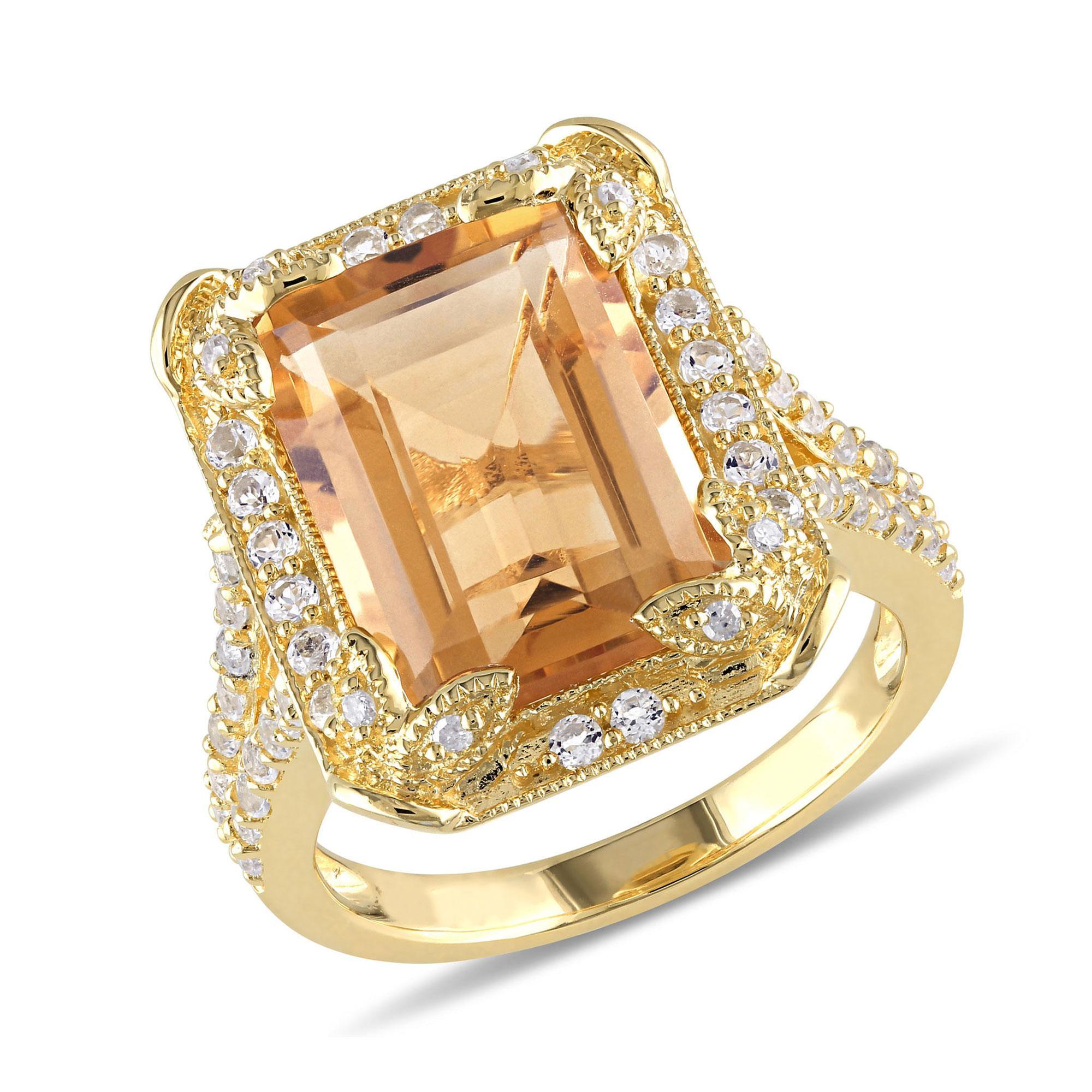 Octagon Citrine, White Topaz and Diamond Halo Gold Tone Ring 1/20ctw - Size 8