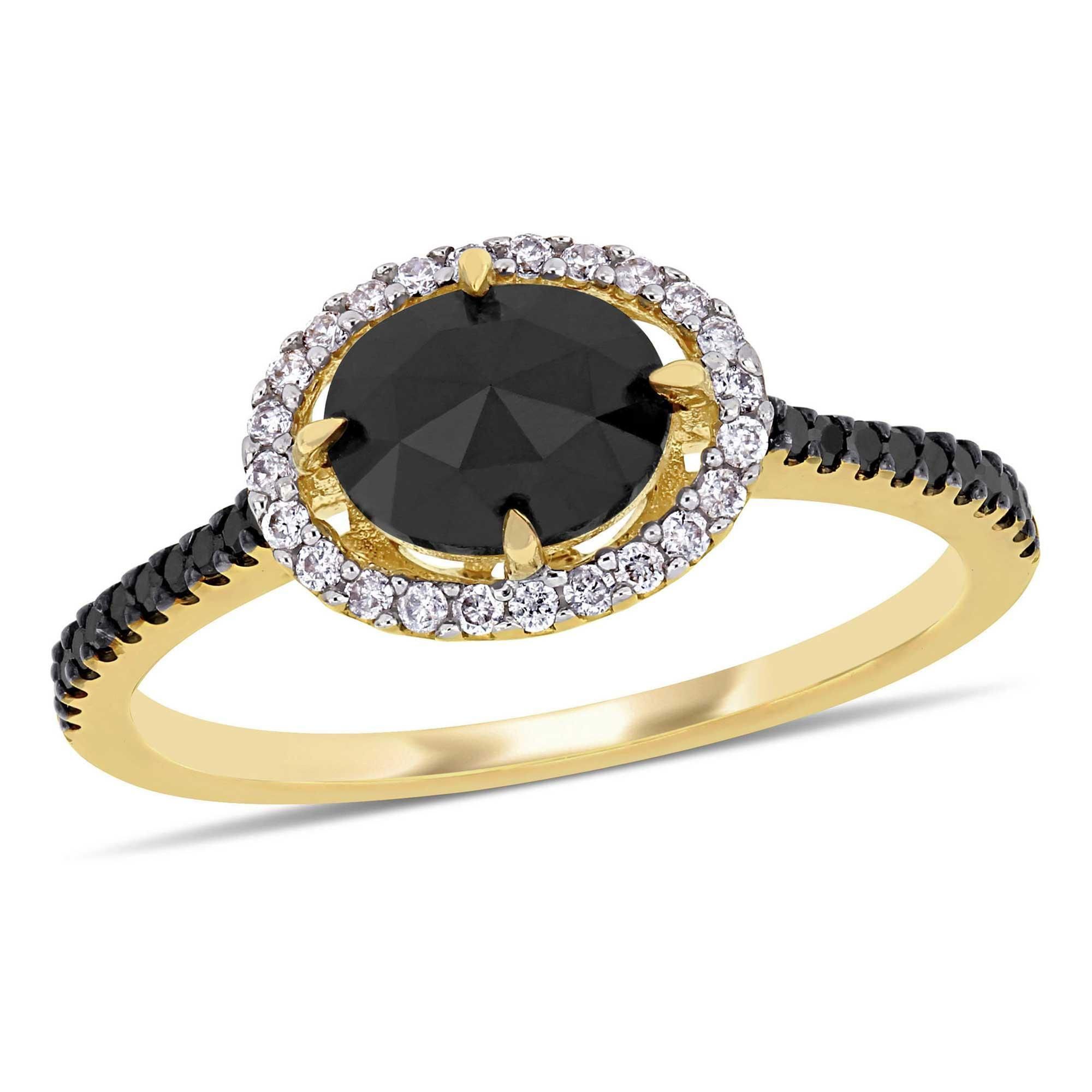 1 1/5ctw Oval Black Diamond and Diamond Halo Yellow Gold Engagement Rin - Size 4.5