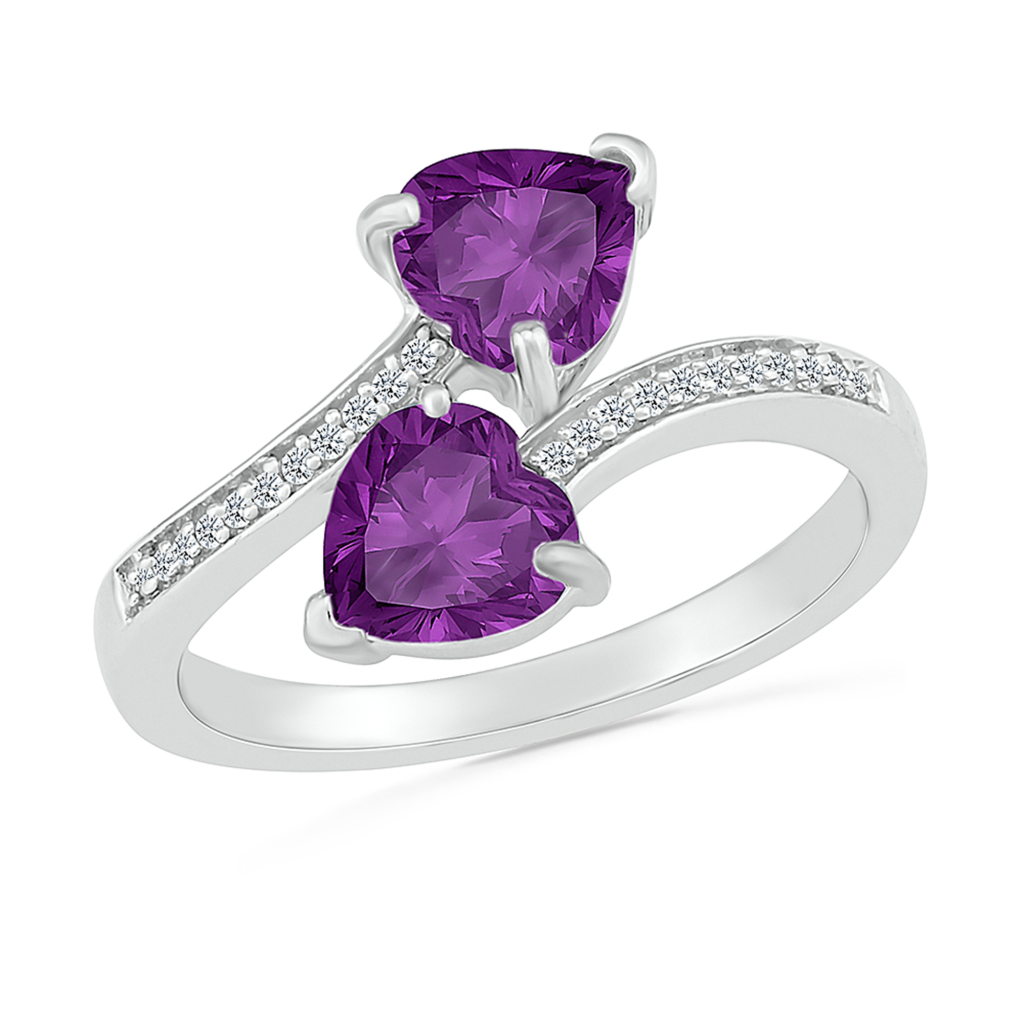Double Heart-Shaped Amethyst Diamond Accent Sterling Silver Ring - Size 5.5