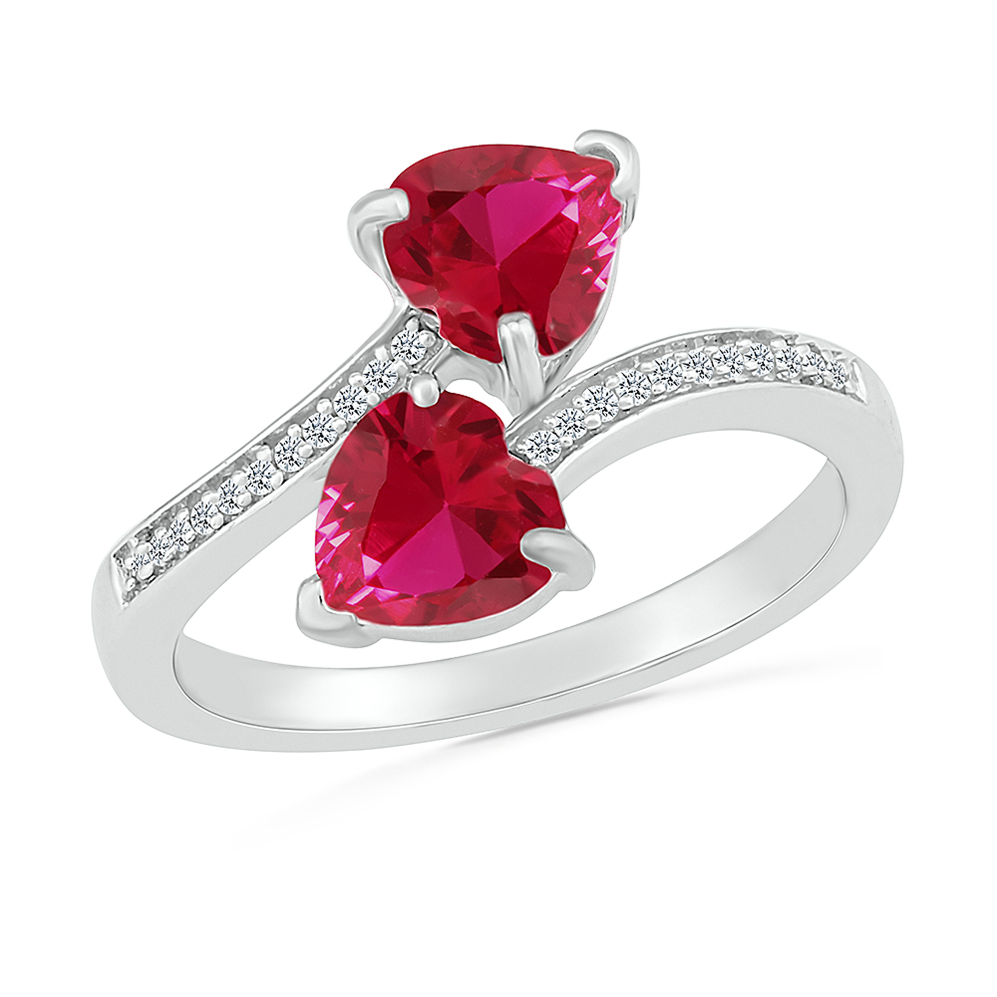 Double Heart-Shaped Created Ruby Diamond Accent Sterling Silver Ring - Size 7