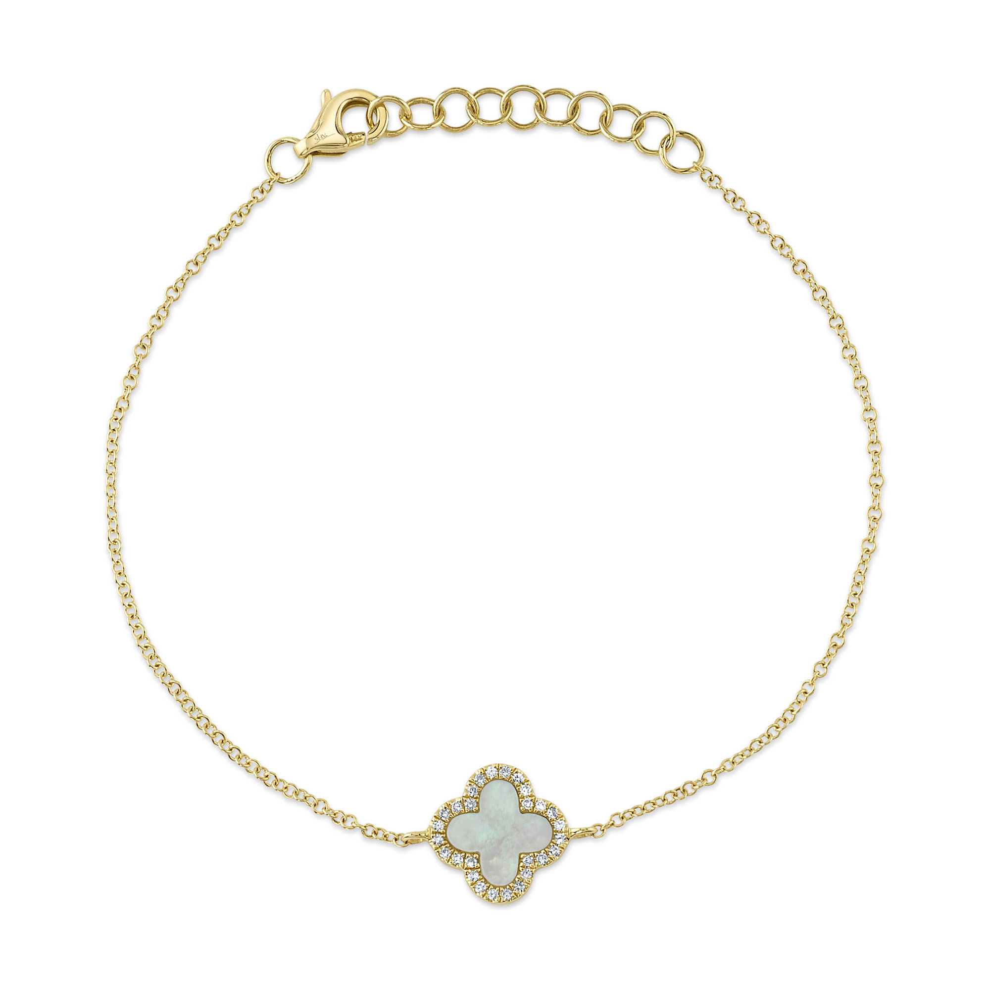 Shy Creation Mother-of-Pearl and 1/15ctw Round Diamond Yellow Gold Clover Bracelet