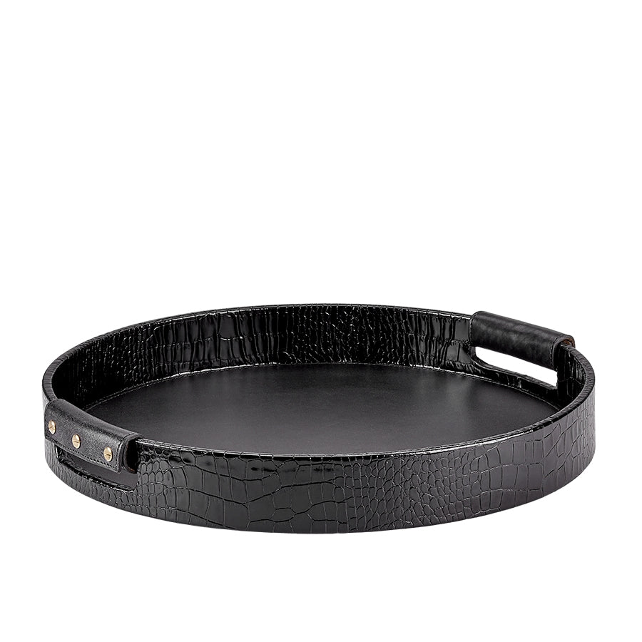 Graphic Image Round Leather Tray Black Crocodile Embossed Leather