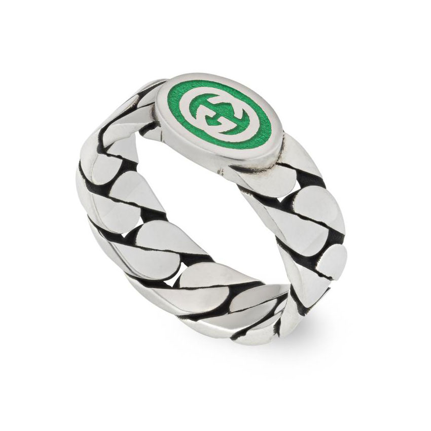 Gucci Interlocking G Green Enamel Sterling Silver Ring | Size 7.25